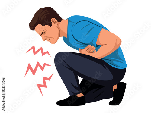 Man experiencing stomach pain and discomfort, clutching his abdomen in distress