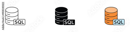 SQL database server icon set. Relational database management system symbol for data storage, programming, and software development design. Vector Illustration.