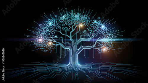 Glowing digital tree with circuit connections on black background artwork.