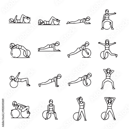 Woman Exercise Set with Fitness Ball Line Art Poses Workout Routine