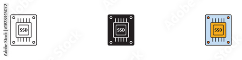 SSD drive chip icon set. Solid state drive hardware symbol for computer storage, data speed, and technology design. Vector Illustration.