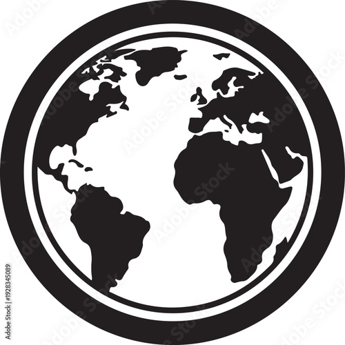 A striking circular graphic depicts a world globe with detailed continental outlines presented as a bold silhouette high quality professional modern