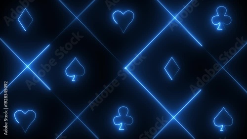 Neon blue playing card suits and intersecting lines on a dark background hearts diamonds