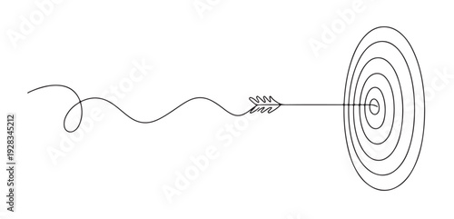 Dart hitting target in continuous line drawing style with minimalist black line art for business success