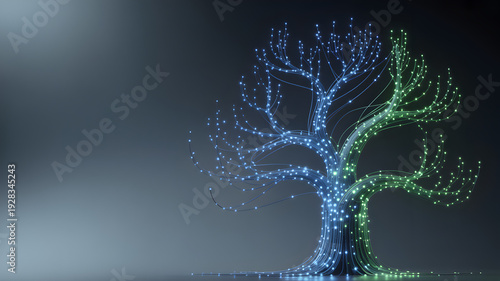 Glowing blue and green light tree on dark gradient background