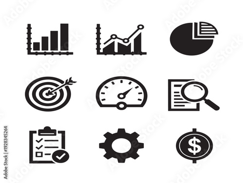 Strategic KPI tracking icons set with elegant performance indicator silhouette designs