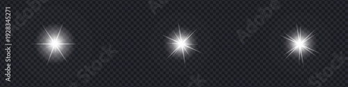 Sparkling white star and lens flare icon set. Bright glowing light effect symbol for magic, celebration, and cosmic design. Vector Illustration.