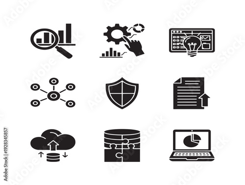 Powerful business intelligence icons set with elegant analytical silhouette designs