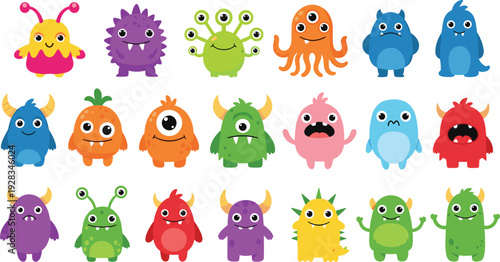Large collection of cute colorful mini monster characters with various eyes horns and expressions isolated on white background for kids design stickers and game UI.