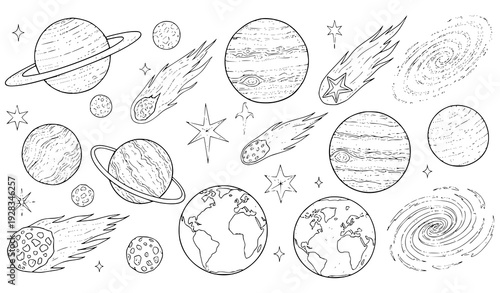 Cosmic Space Doodles Vector Set Planets Stars Comets Galaxies Hand Drawn