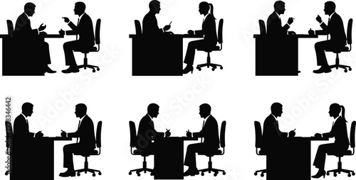 Set of black business silhouettes featuring people shaking hands talking on phones using laptops and having office meetings isolated on white background for corporate concepts