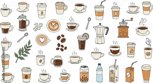 Hand-Drawn Coffee and Beverage Doodle Icons Collection on White. Featuring Hot Espresso, Latte Art, Iced Drinks, Tea, Brewing Tools, Coffee Beans, and Cafe Essentials Set.