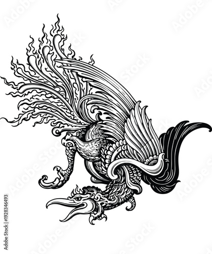Intricate Black and White Illustration of a Mythical Bird.