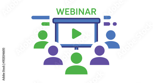 Webinar illustration depicting a presentation with attendees in a digital setting