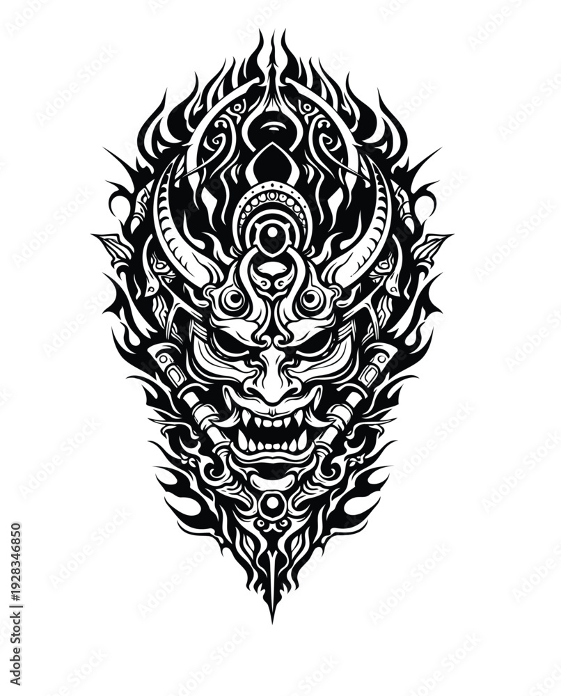 Fototapeta premium Intricate Japanese Oni Mask Tattoo Design with Fiery Accents.