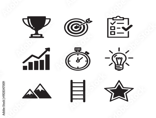 Motivating goal tracking icons set with dynamic target silhouette designs