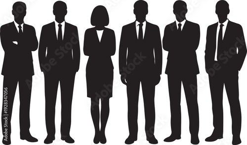 a group of standing business people, black color isolated on white background