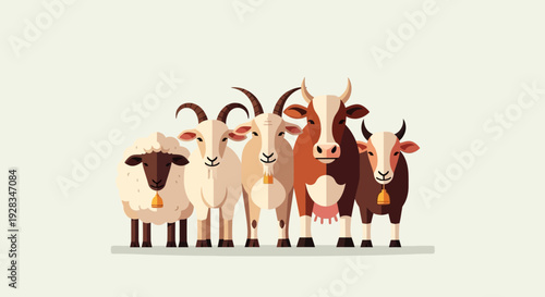 A minimalist flat design illustration showcasing a friendly group of sheep, goats, and cows, ready for the Eid al-Adha celebration. This clean vector art emphasizes the spirit of giving and tradition