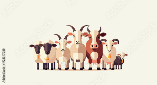 A minimalist flat design illustration showcasing a friendly group of sheep, goats, and cows, ready for the Eid al-Adha celebration. This clean vector art emphasizes the spirit of giving and tradition