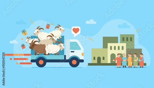 A vibrant flat design illustration capturing the essence of qurban animal delivery, symbolizing community sharing and generosity during Eid al-Adha