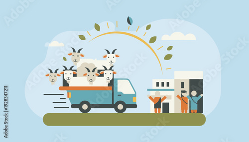 A vibrant flat design illustration capturing the essence of qurban animal delivery, symbolizing community sharing and generosity during Eid al-Adha