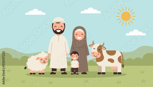 This heartwarming flat design illustration portrays a cheerful Muslim family with their sacrificial animals, embodying the joy and spiritual significance of Eid al-Adha