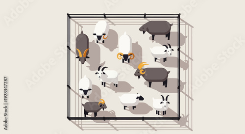This unique flat design illustration provides an overhead perspective of a group of sacrificial animals gathered in a pen, symbolizing preparation for Eid al-Adha