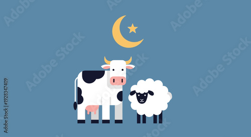 This elegant flat design illustration features a cow and a sheep beneath the Islamic crescent moon and star, beautifully symbolizing the spiritual essence of Eid al-Adha