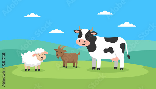A cheerful flat design illustration showcasing a collection of qurban animals happily grazing on a vibrant green pasture, evoking a sense of nature and tradition