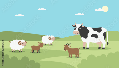 A cheerful flat design illustration showcasing a collection of qurban animals happily grazing on a vibrant green pasture, evoking a sense of nature and tradition