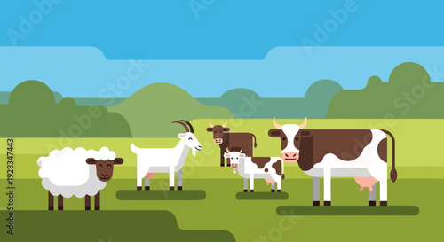 A cheerful flat design illustration showcasing a collection of qurban animals happily grazing on a vibrant green pasture, evoking a sense of nature and tradition