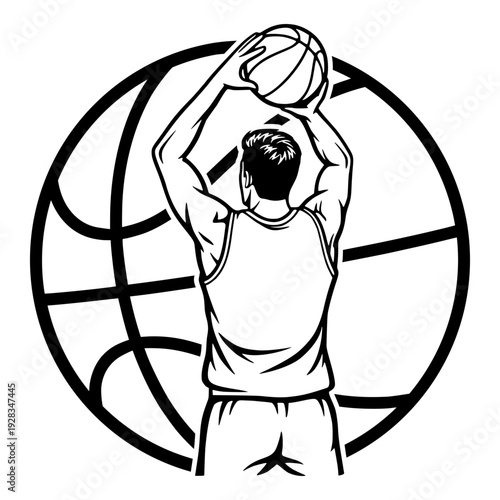 Basketball Player Shooting Hoops Silhouette With Large Ball Background, Athletic Male Character Playing Sports Game Vector Graphic Illustration, Professional Basketball Art
