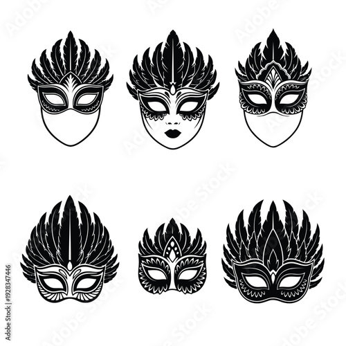 Collection of six ornate masks with feathered designs displayed together in a two-row arrangement