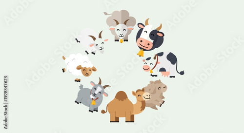 A unique flat design illustration showcasing a diverse collection of sacrificial animals arranged in a circle, symbolizing unity and community during the sacred Eid al-Adha