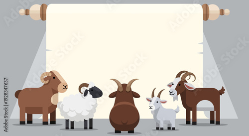 A delightful flat design illustration featuring sacrificial animals beneath a customizable banner, perfect for Eid al-Adha greetings and messages