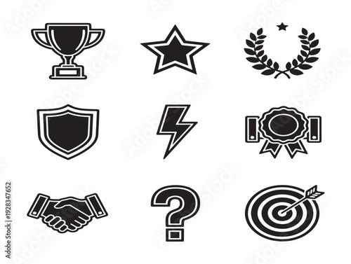 Prestigious achievement icons set with dynamic award silhouette designs