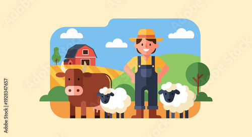 This endearing flat design illustration showcases a friendly farmer or herder proudly standing with his collection of sacrificial animals, highlighting the agricultural aspect of qurban
