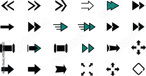 Collection of various black and teal arrow icons on white background for navigation and direction  web and interface symbols