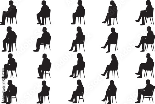People sitting in various chair positions and looking sideways silhouette vector
