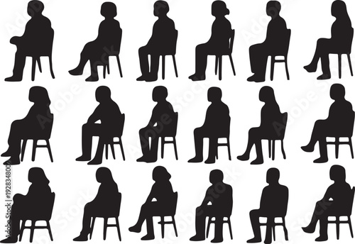 Collection of people sitting in various chair positions and looking sideways silhouette vector