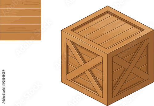 Isometric wooden shipping crate or storage box with visible plank construction shown next to a flat wood texture sample.