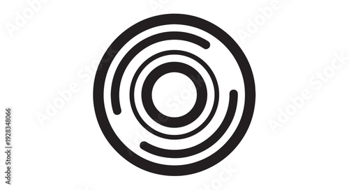 A Minimalist Graphic Depicting Bold Concentric Rings and Interrupted Circular Paths Orbiting a Stark Central Aperture in High-Contrast Black