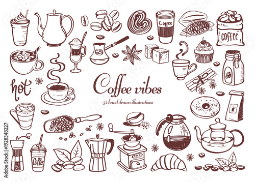 Coffee hand drawn vector illustrations. Vector set with coffee icons