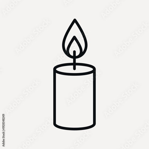 Simple black line of a lit candle with a flame on a light neutral background fire burning