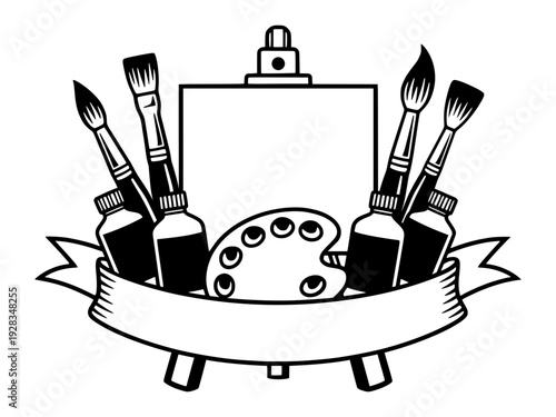 Professional Artist Creative Tools Set Featuring A Canvas Easel Paint Brushes Color Palette And Bottles Of Ink For Fine Art Studio Work