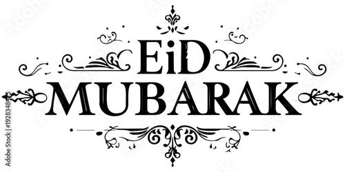 Eid mubarak calligraphy text design, elegant black script for islamic holiday greeting card and celebration poster isolated on white background. 