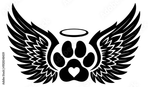 Heavenly Angel Wings With A Paw Print Heart And Halo, Memorial Tribute For A Beloved Pet Who Has Passed Away To The Rainbow Bridge Scene