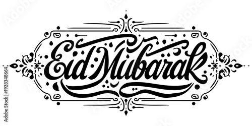 Eid mubarak calligraphy text design, elegant black script for islamic holiday greeting card and celebration poster isolated on white background. 