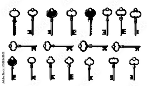 Vintage skeleton key silhouette set arranged in four rows on white background