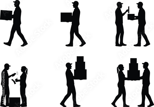 Comprehensive icon set featuring logistics delivery personnel industrial automation robotic arms business data analytics cybersecurity protection digital payment symbols and telecommunication icons